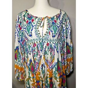 Rachel Zoe Plus Tunic Top 1X Tie Front 3/4 Sleeve Colorful‎  Boho